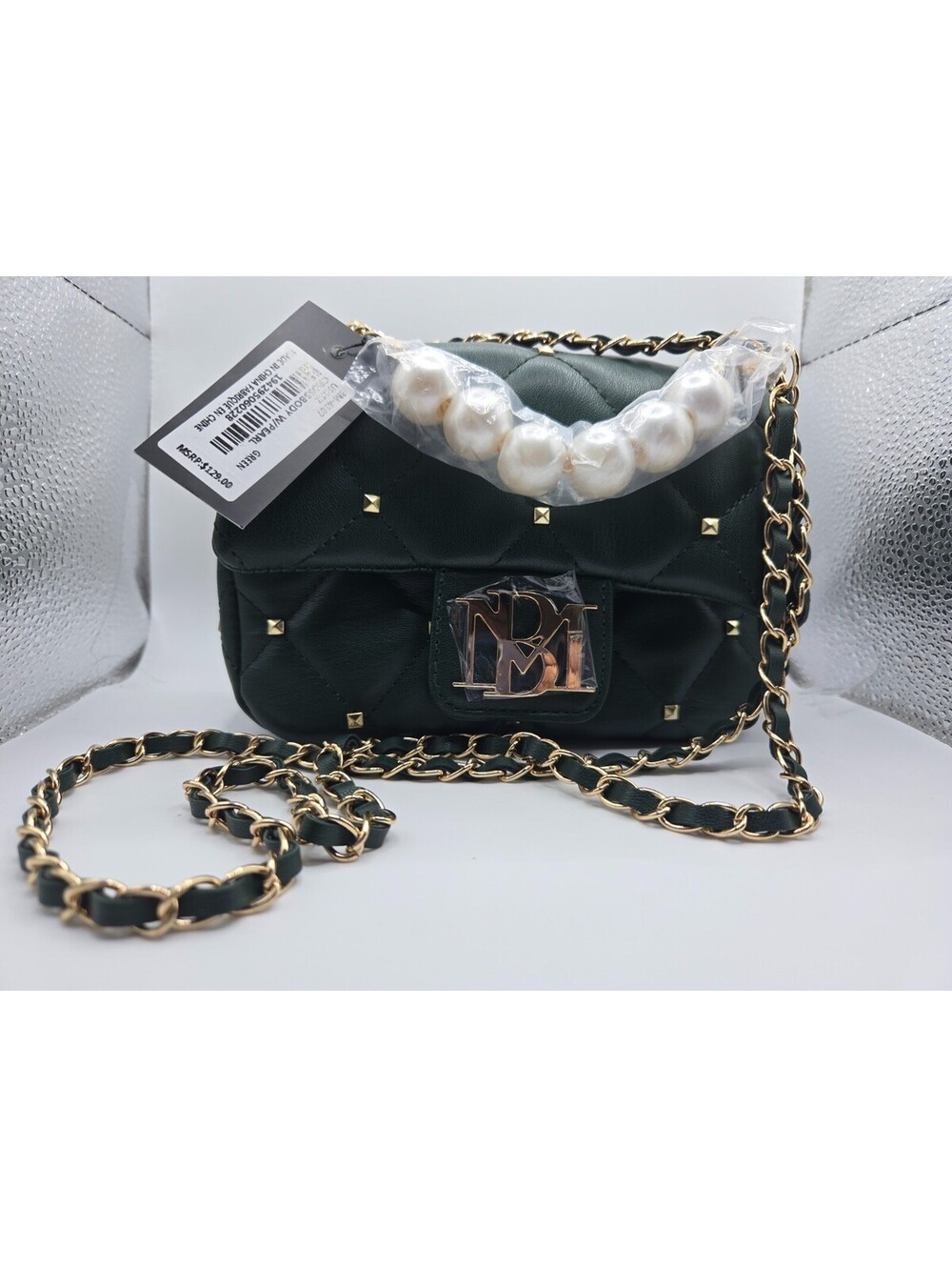 Badgley Mischka Quilted Crossbody Bag Green Gold Studded Pearl Handle NWT New - Picture 4 of 15